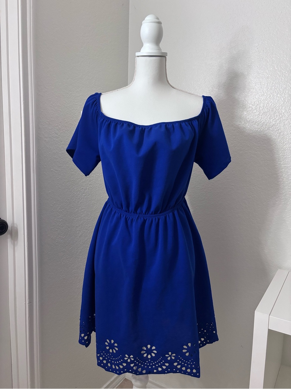 SHEIN Royal Blue Off-Shoulder Dress with Broderie Anglaise design